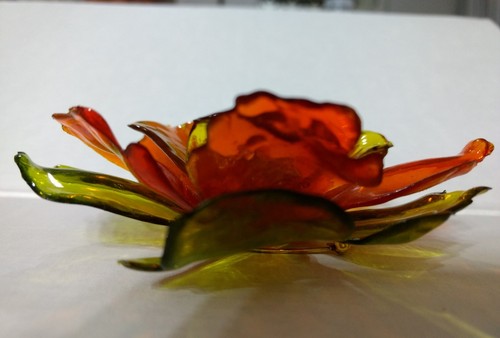 VTG 50s CELLULOSE ACETATE RHINESTONE 3D Translucent FLOWER BROOCH ORANGE GREEN