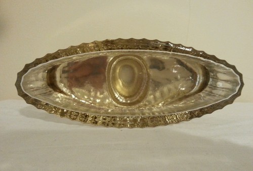 Oval Ribbed Clear GlassLiquor Decanter w Gold Top & Cobalt Blue Lid ~ 32 oz