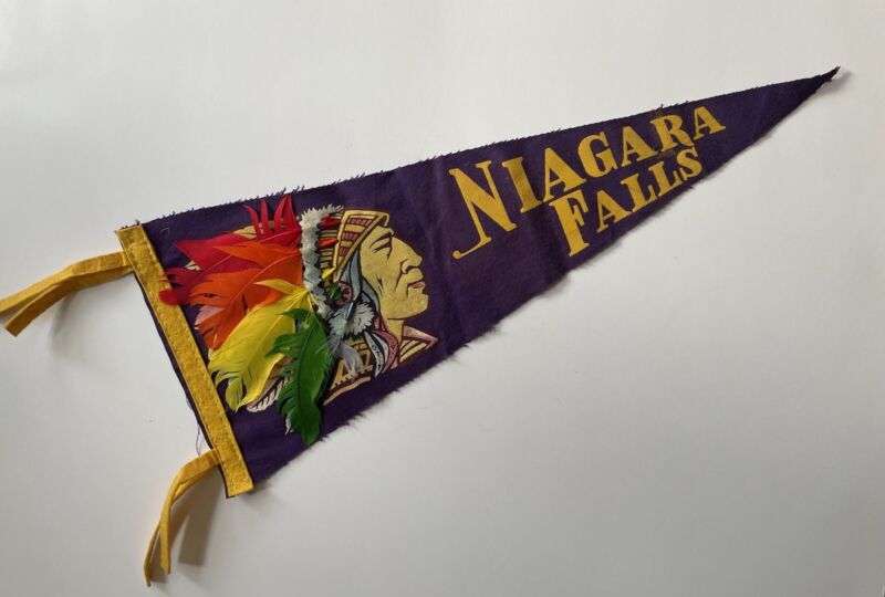 Vintage 50’s Niagra Falls - Feathered Indian Chief Head Pennant Flag 16 1/2”