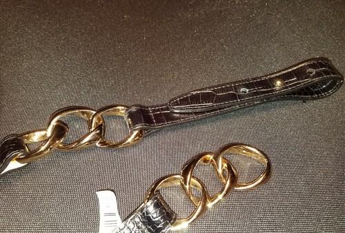 Women's ~ TALBOTS ~ Thin Width Black Croc Leather BELT ~ Sz M ~ Gold Chain Links