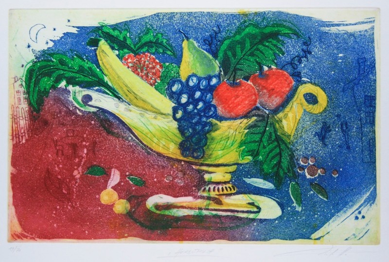 Hugo Nefe, Obstschale, Radierung, Originalgrafik,