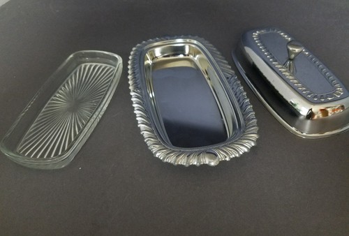 VINTAGE BUTTER DISH SILVER PLATE WITH GLASS INSERT