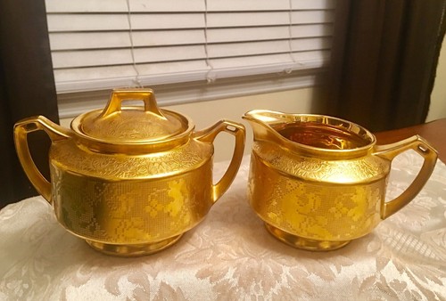 Arzberg Bavaria & D&B Germany Gold Plated Creamer & Sugar Bowl Patterned design