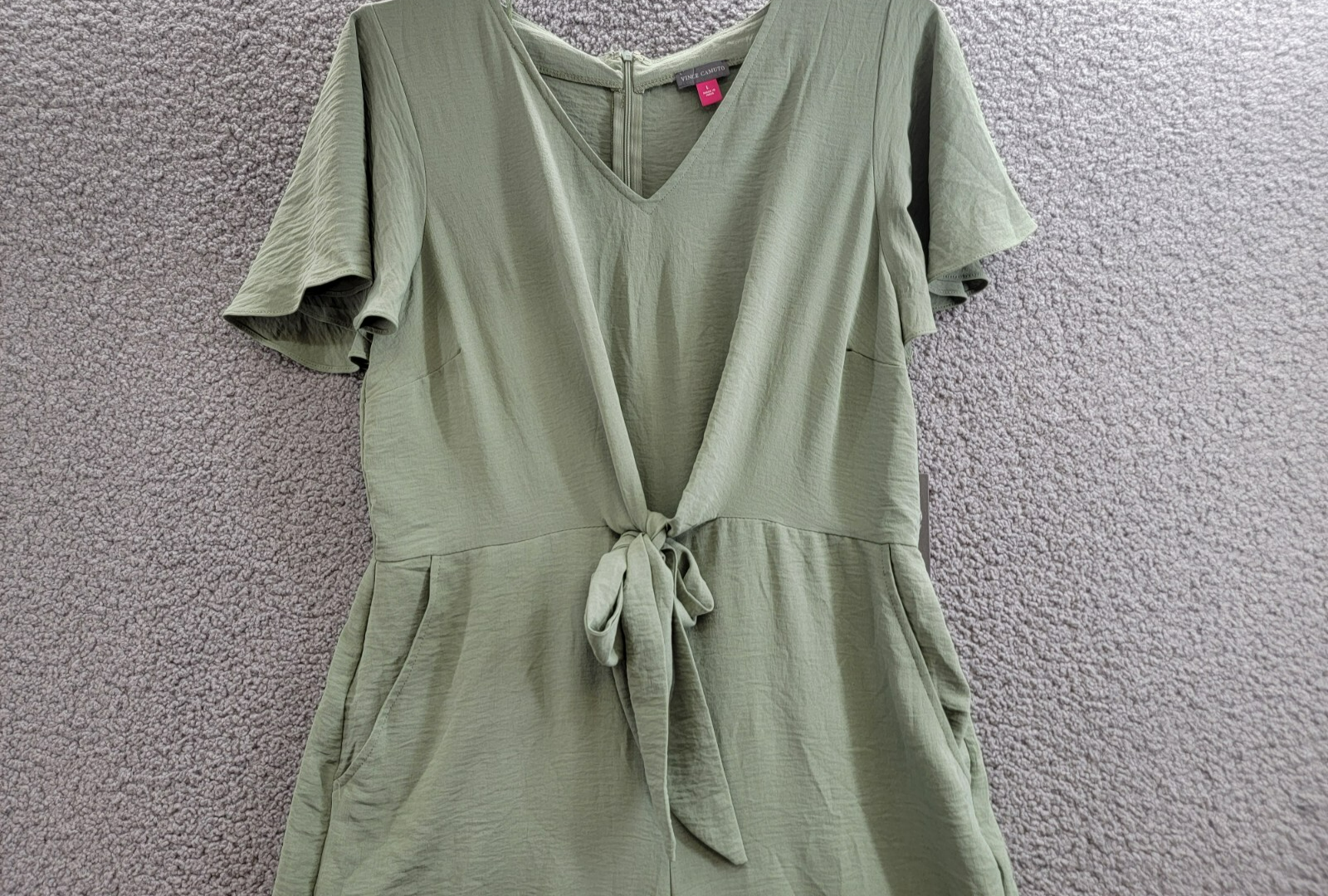 VINCE CAMUTO Flutter Sleeve Crop Wide Leg Jumpsuit Women's L Olive Mist Zip Back - Picture 3 of 18