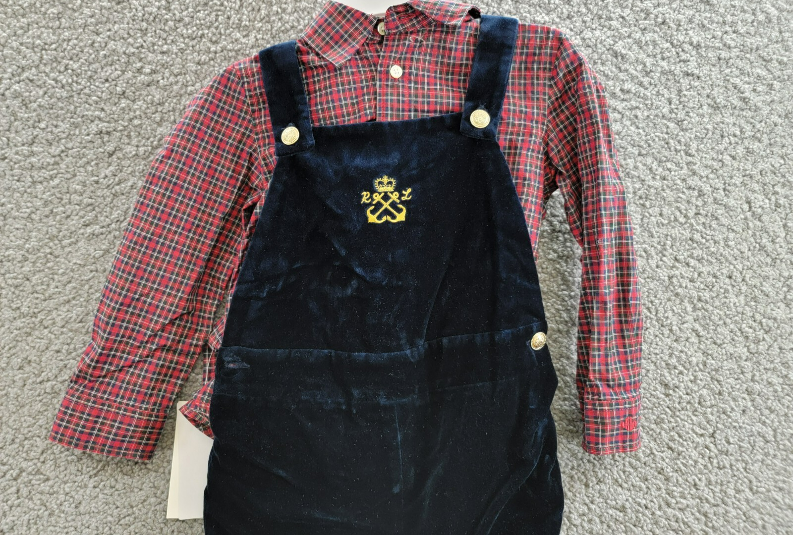 Ralph Lauren Plaid Shirt & Velvet Overall Set Little Boys 24M Navy Multi L/S - Picture 3 of 17