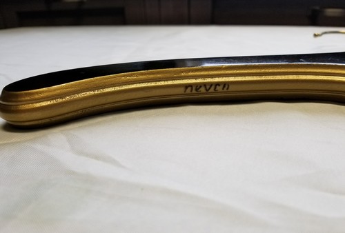 VTG LARGE SMOOTH BLACK GOLD TRIM WOOD CLOTHES DRESS COAT HANGER BRASS TOP HOOK