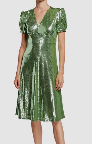 Pre-owned Hvn $745  Women's Green Paula Deep V-neck Sequined A-line Dress Size 4