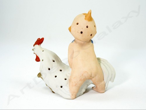 VERY RARE Antique Bisque Kewpie with Rooster/Chicken Hat Pin Holder