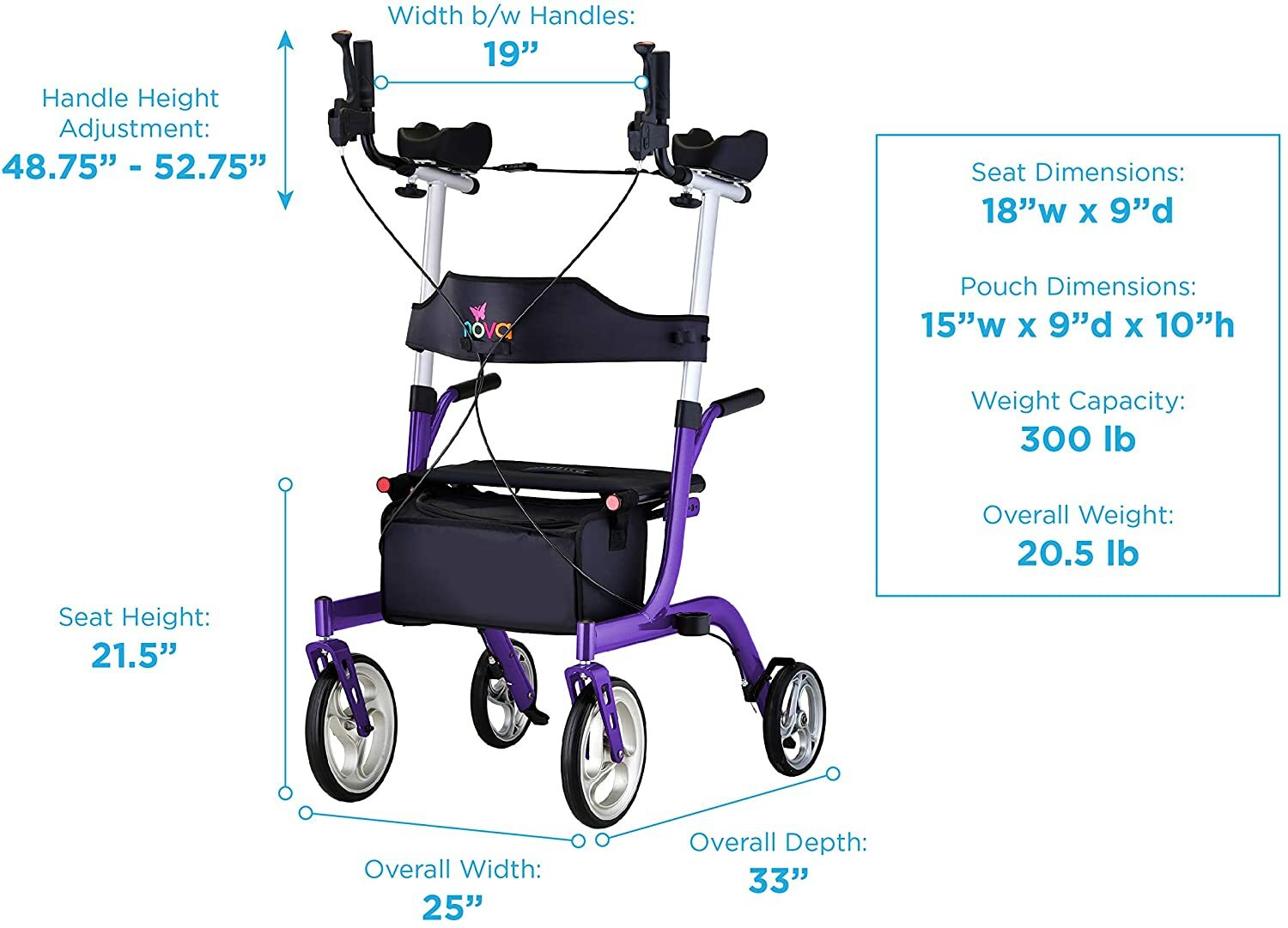 NOVA Phoenix Rise UP Rollator, Upright Walker w/Padded Forearm, Purp - OPEN BOX!