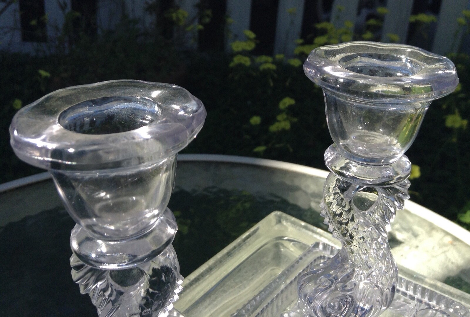 VINTAGE PAIR CAMBRIDGE CLEAR GLASS DOLPHIN OR KOI FISH NAUTICAL CANDLESTICK