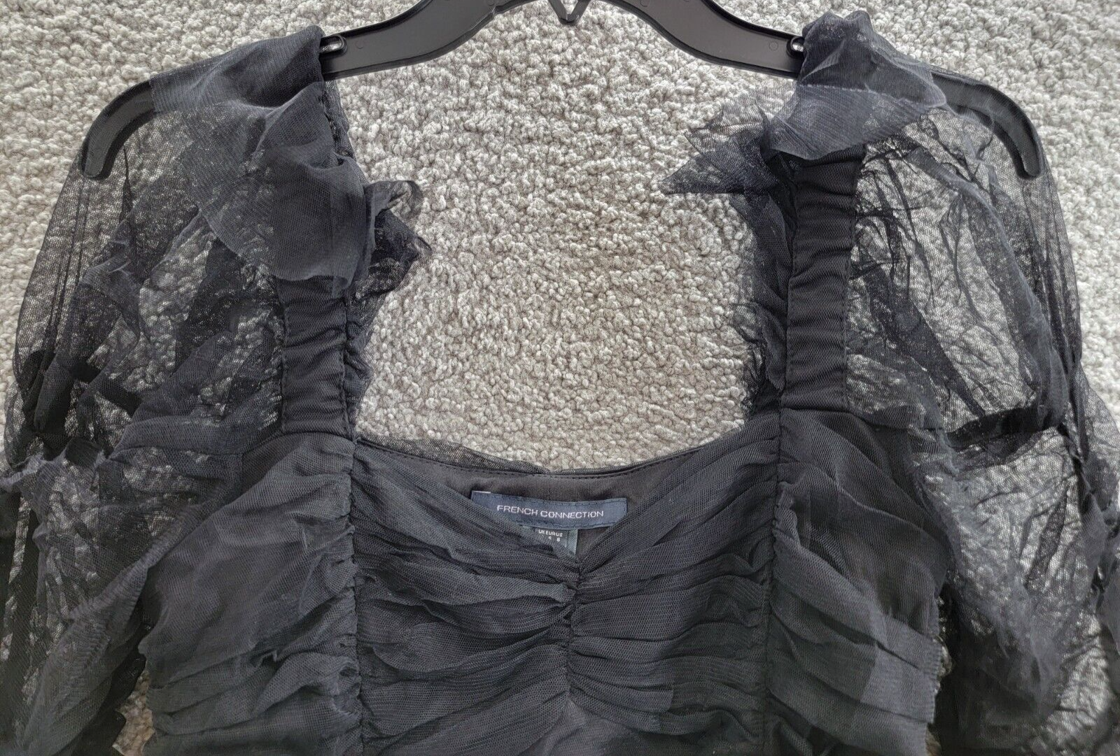 French Connection Edrea Long-Sleeve Tulle Top Women's 6 Blackout Ruched Pullover - Picture 3 of 16