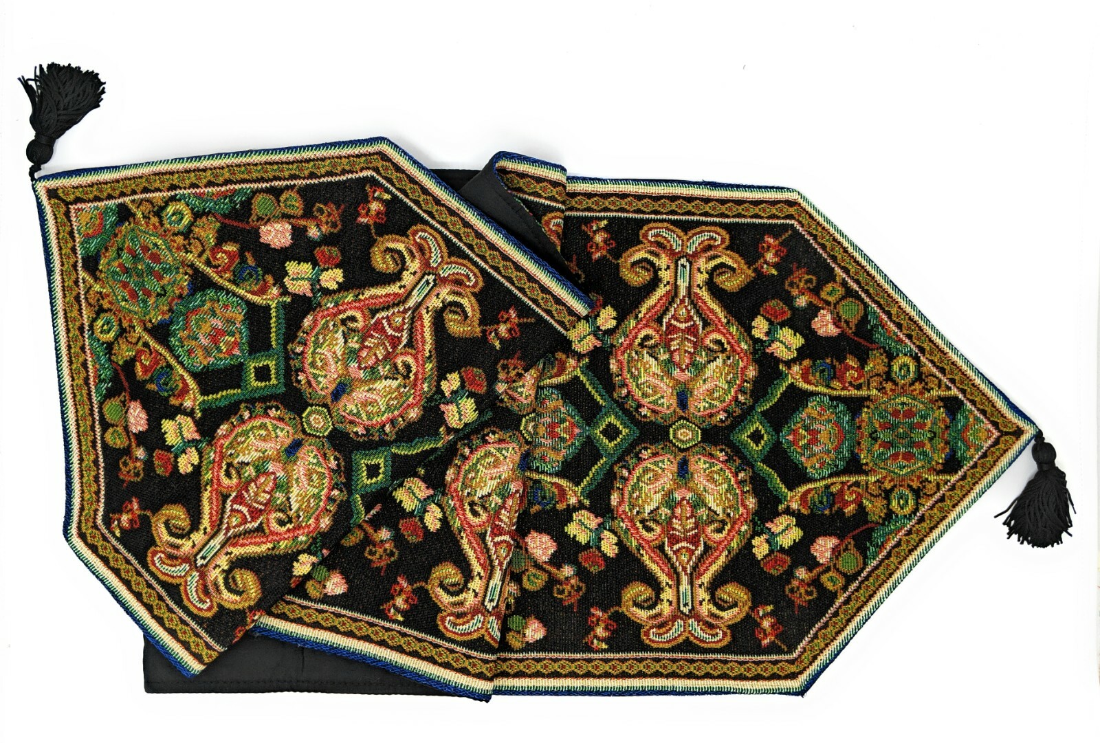 Tache Elegant Black Green Ornate Paisley Medallion Woven Tapestry Table Runner