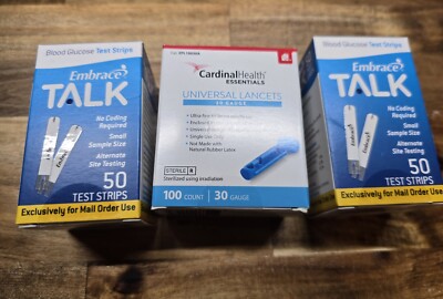 2 Embrace Talk Blood Glucose Test Strips 50 Count (100 Total) + 100 Lancets