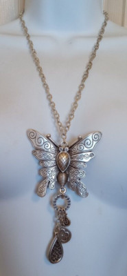 Big Butterfly Pendant Necklace Silver Tone 24'' Chain Yu & Shi Yushi Collection