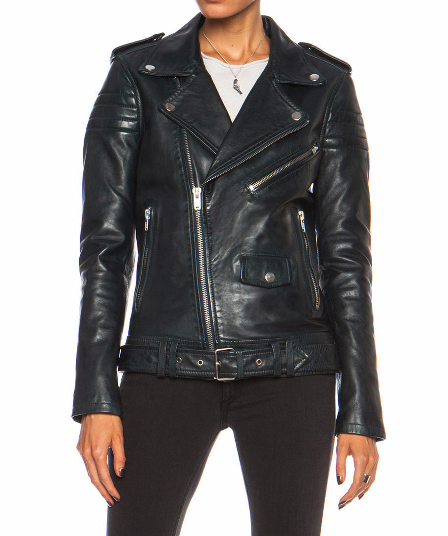 Women/'s Blue Leather Jacket Biker Racer Motorcycle Cafe Slim-Fit Soft Lambskin