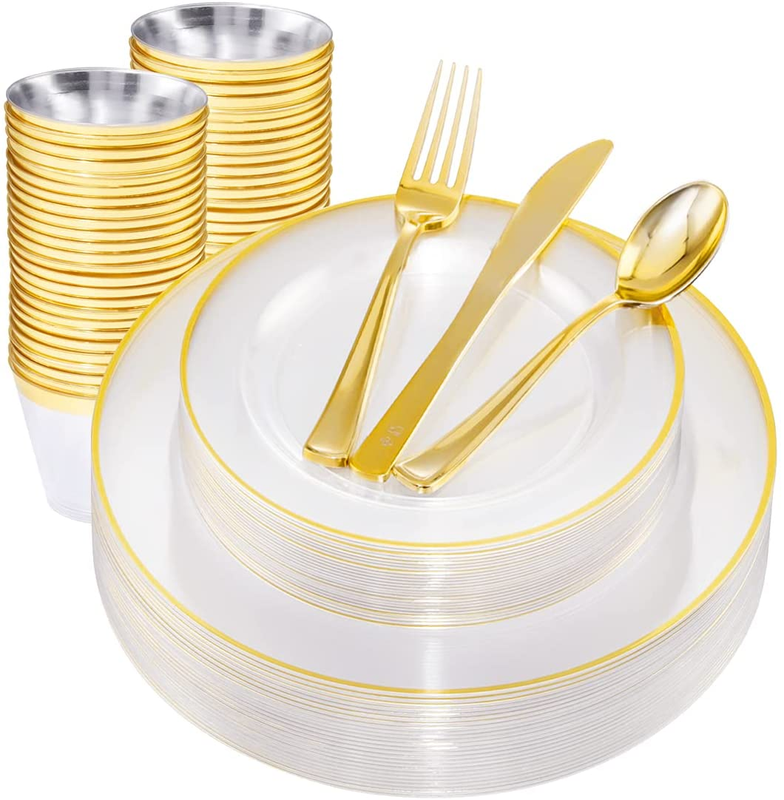 SUT 150 PCS Gold Plastic Plates, Disposable Clear Gold Dinnerware Set with Cups,