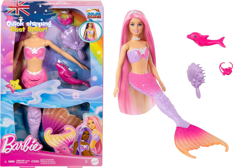 Mermaid Doll Malibu Pink Hair w/ Dolphin Pet & Color Change Accessories