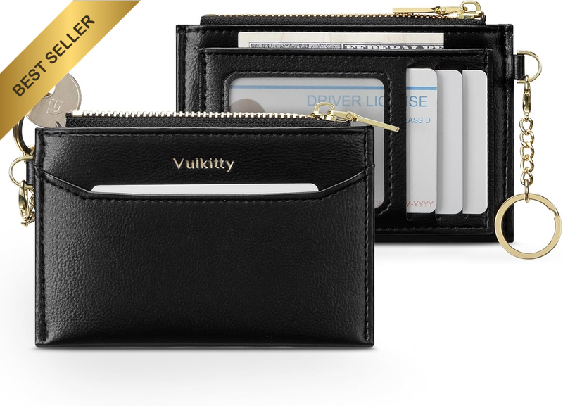 Slim RFID Card Holder Wallet with Keychain ID Window for Women Black