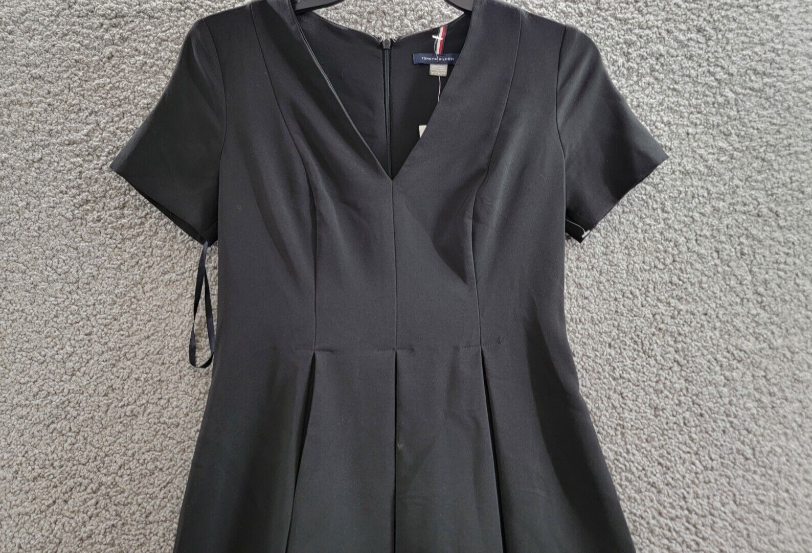 Tommy Hilfiger Petite V-Neck Pleated Fit & Flare Dress Women's 2P Black Back Zip - Picture 3 of 17