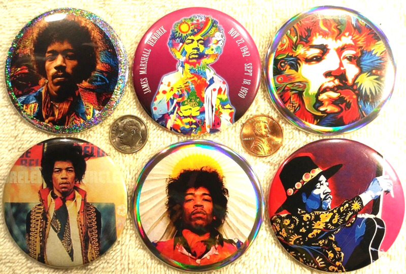 Jimi Hendrix PIN BUTTON LOT 6 large Portrait photos rare LSD Woodstock Festival