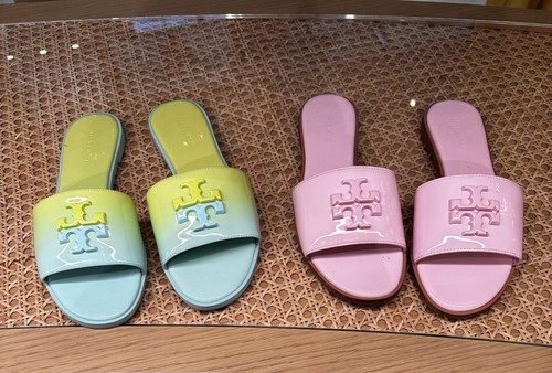 Pre-owned Tory Burch Everly Slide Flat Soft Patent Leather Celeste Ombré W Logo Sz 7 In Green/yellow