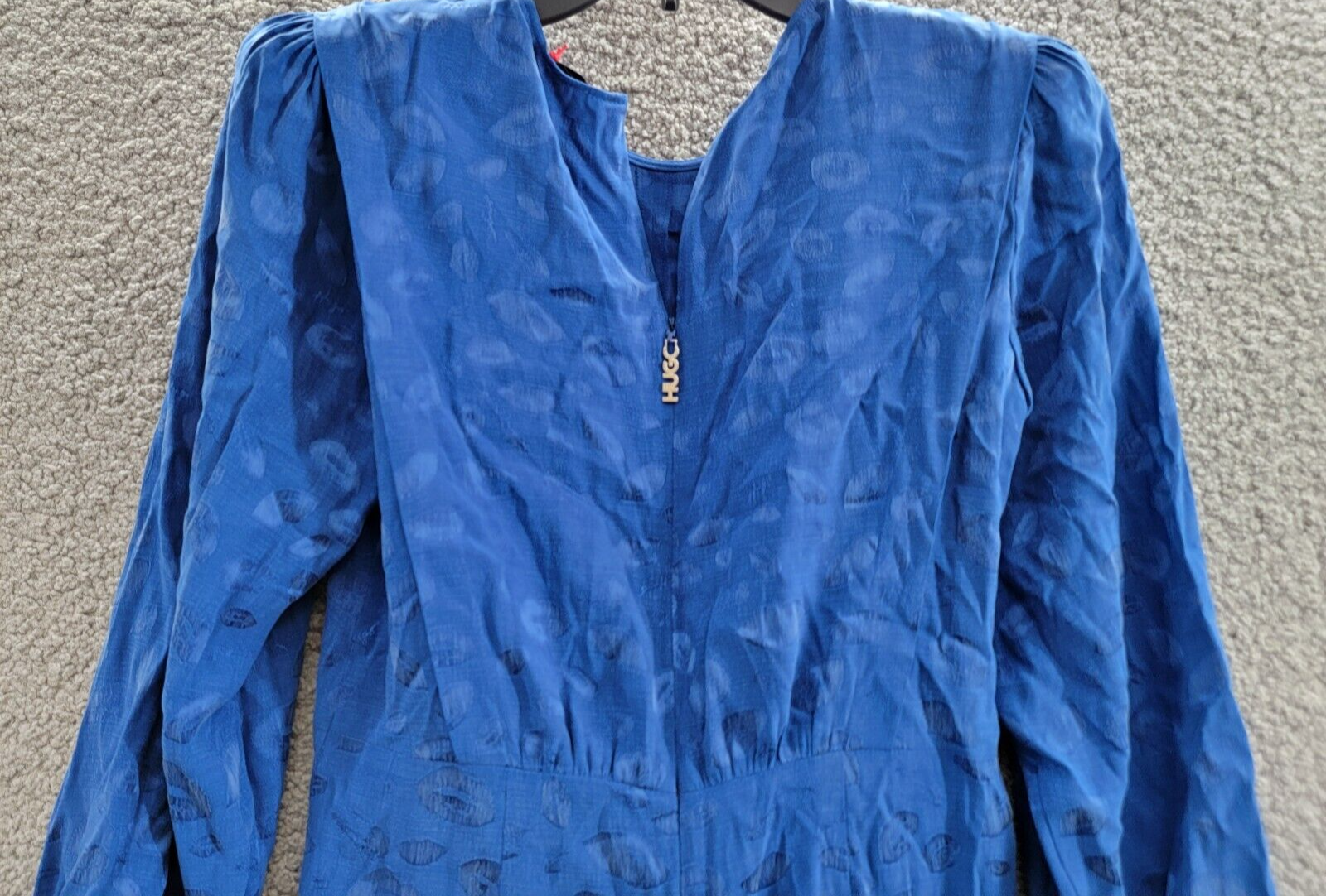 HUGO Twist-Front Textured Mini Dress Women's 8 Cobalt Lips Print Back Zip L/S - Picture 11 of 17