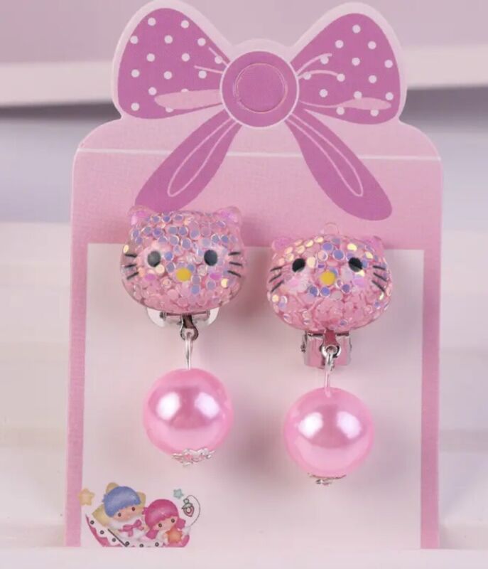 Hello Kitty Girls/ Kids Play Clip-On Earrings Pink Kitty And Pearls 1Pair New