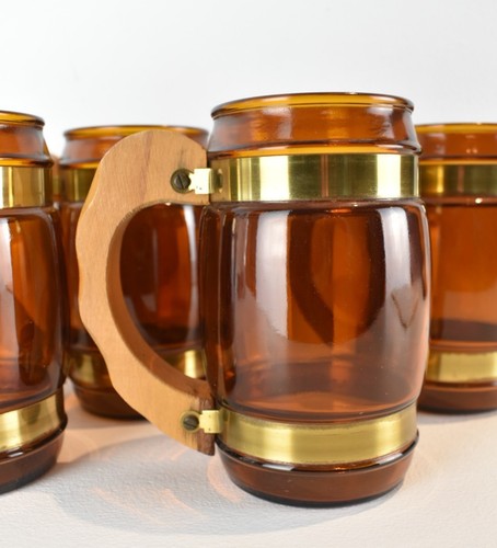 Set Of 6 Vintage Siesta Ware Barrel Mugs Brown Glass With Wooden Handles barware