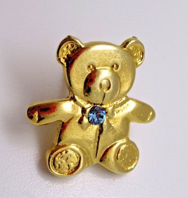 Teddy Bear - Blue Rhinestone - Bow - Gold Tone - Vintage Lapel Pin