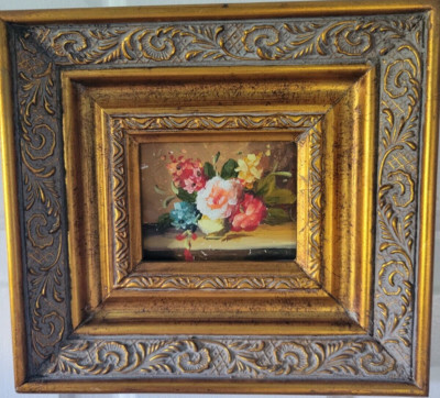 Ornate VTG/Antique Embossed Frame 3D with Floral Oil Painting on Wood Board 7''