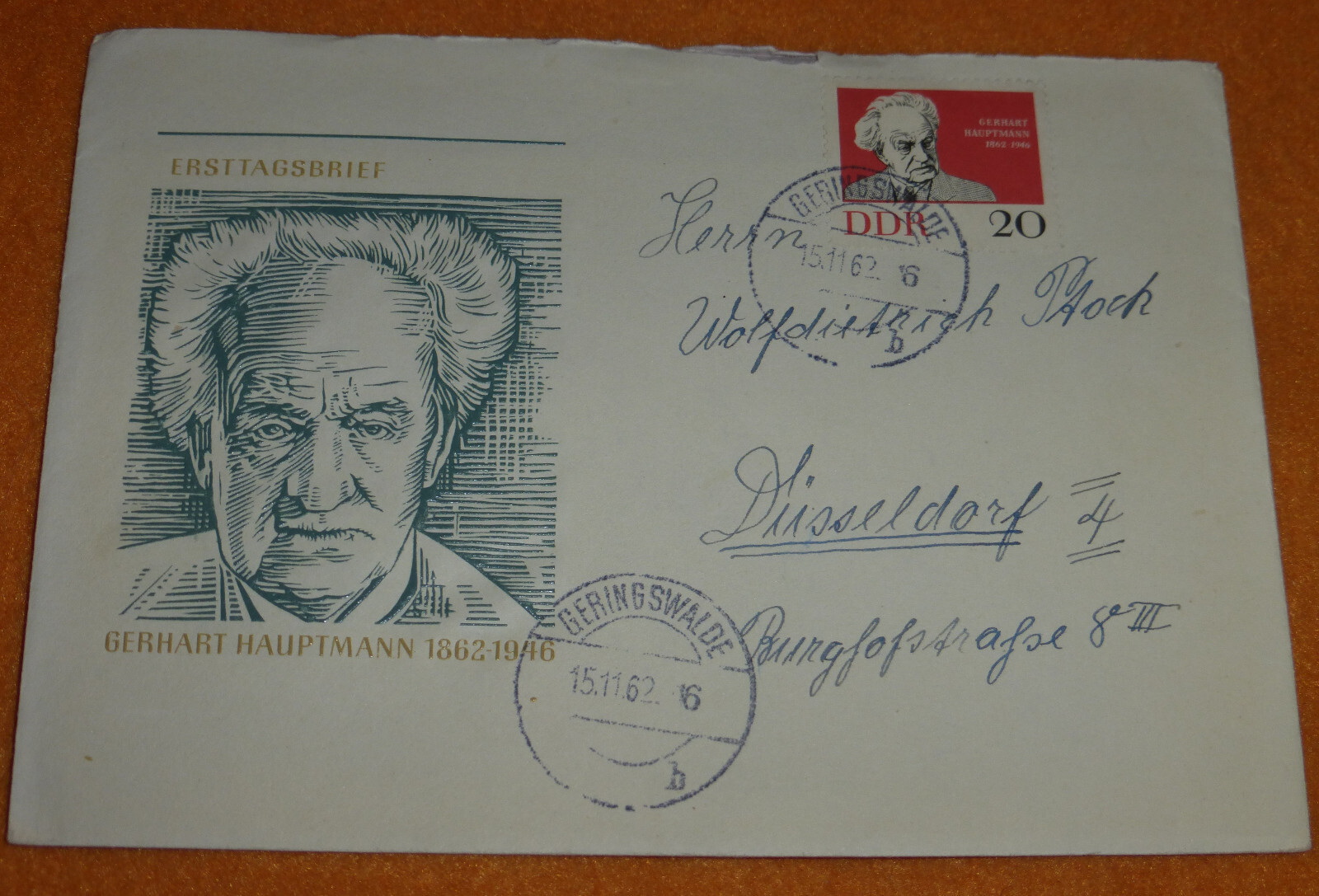 DDR FDC Brief Gerhart Hauptmann 15.11.1962 Geringswalde - Dsseldorf BRD
