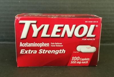 100 Tylenol Extra Strength 500 mg Acetaminophen Caplets, Pain & Fever, Exp 06/26