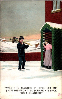 Postcard 1901  Bamforth co  chimney sweep and maid humor winter
