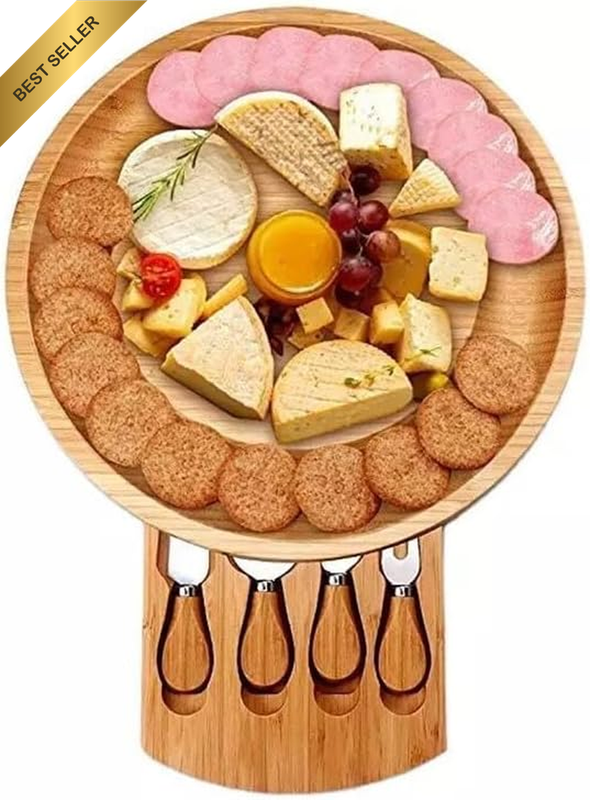Bamboo round Cheese Board and 4 Knives Set with Slide-Out Cutlery Drawer - Charc