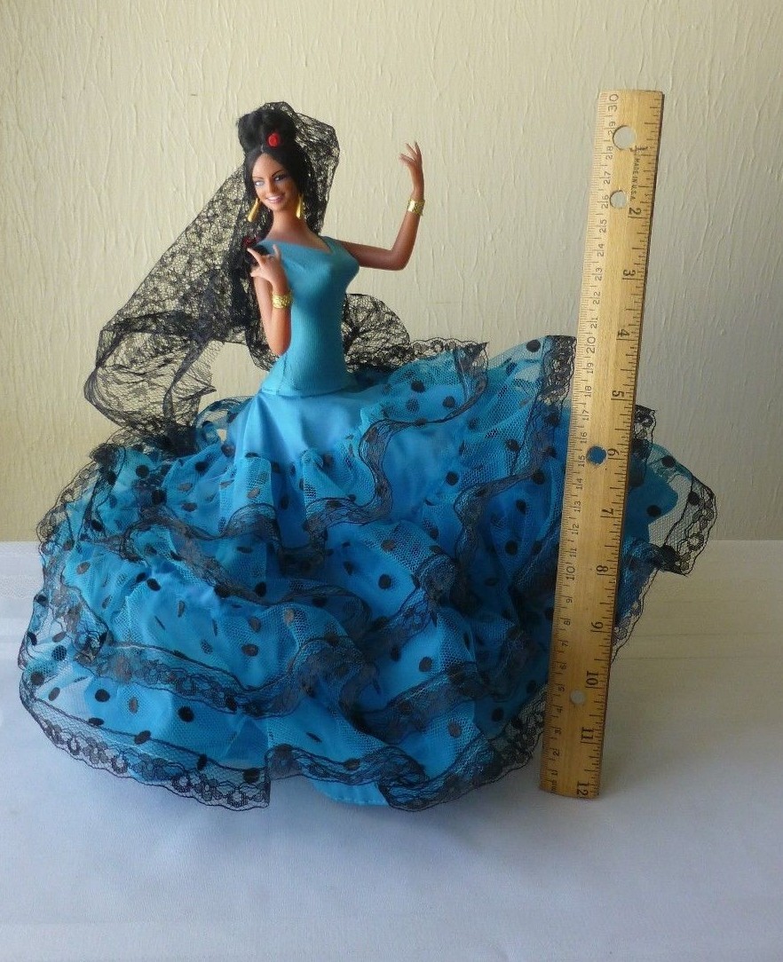 VTG Spanish Flamenco Dancer Doll Ornate Blue and Black Dress Stand Collectible