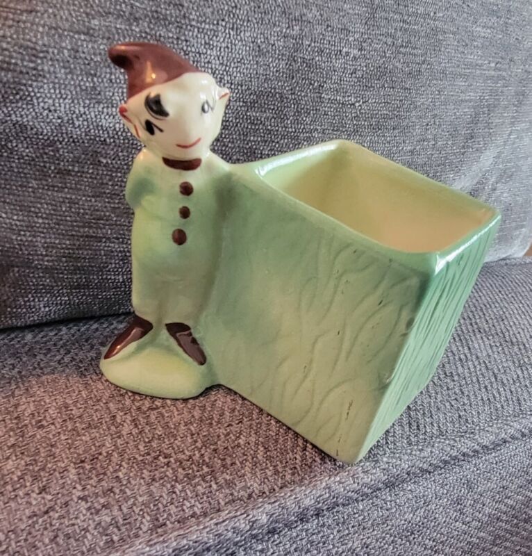 VINTAGE Pottery Elf Pixie Green Small Planter 1950