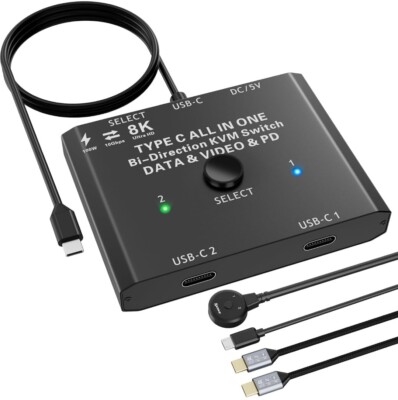 Kceve USB C Switch 2 in 1 Out or 1 in 2 Out, Type-C Bidirectional Switcher