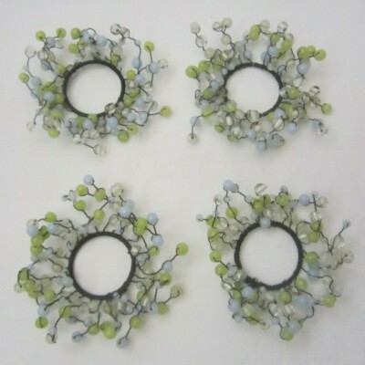 Set of 4 Glass Beaded Spray Cluster Napkin Rings Handmade Blue Green Black Wire