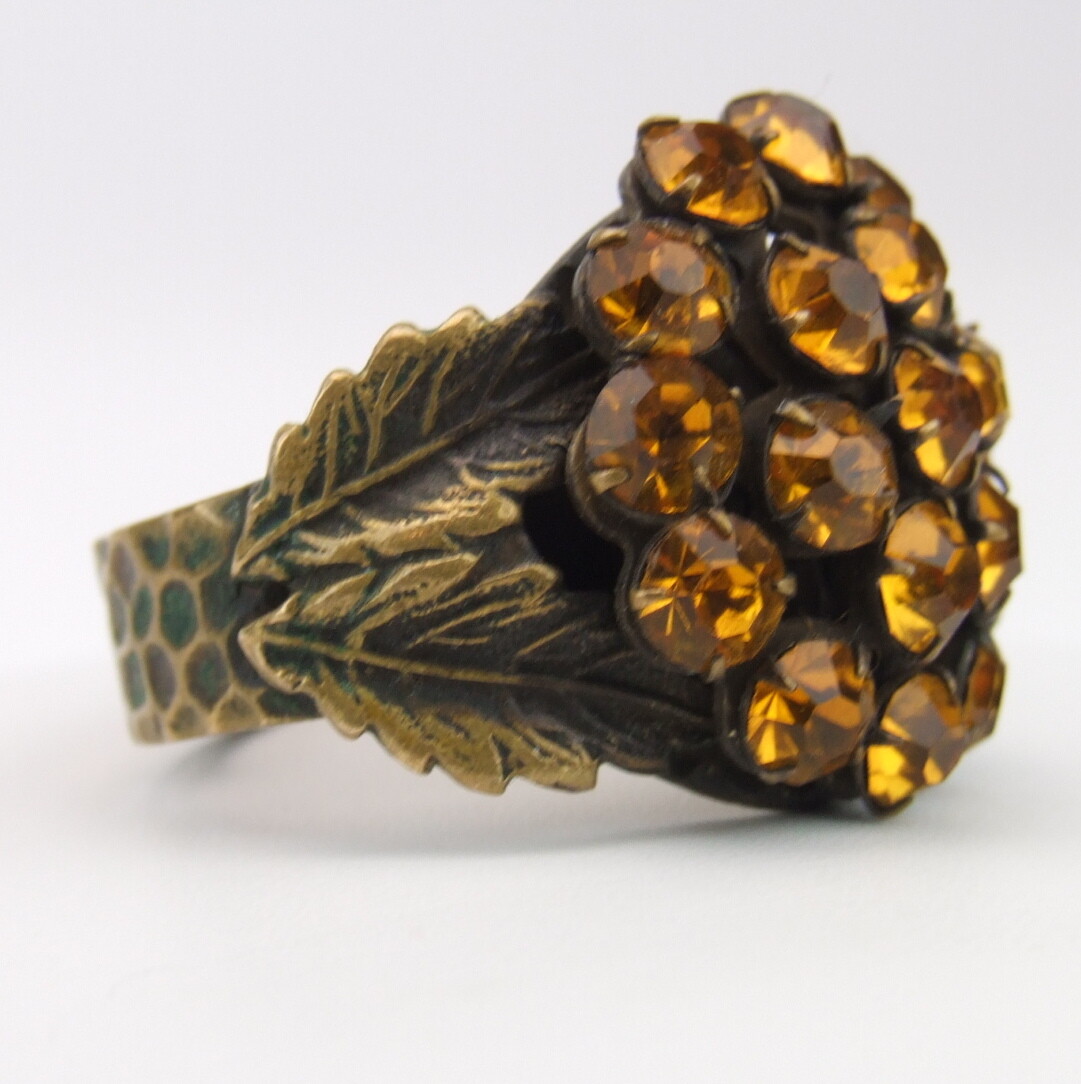 Antique Victorian Era Brass Ring Glass Stones Adjustable W26