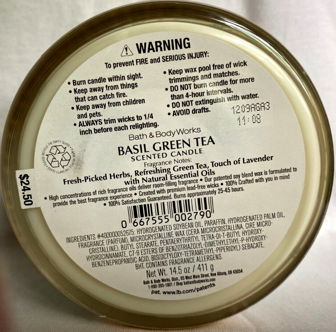 Bath & Body Works White Barn BASIL GREEN TEA 3-Wick Candle