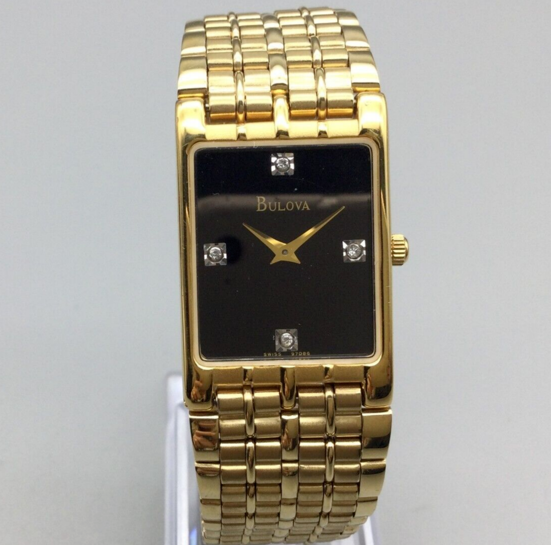 Vintage Bulova Tank Watch Men 23mm Gold Tone Black Dial Vintage Bulova Tank Watch Men 23mm Gold Tone Black Dial