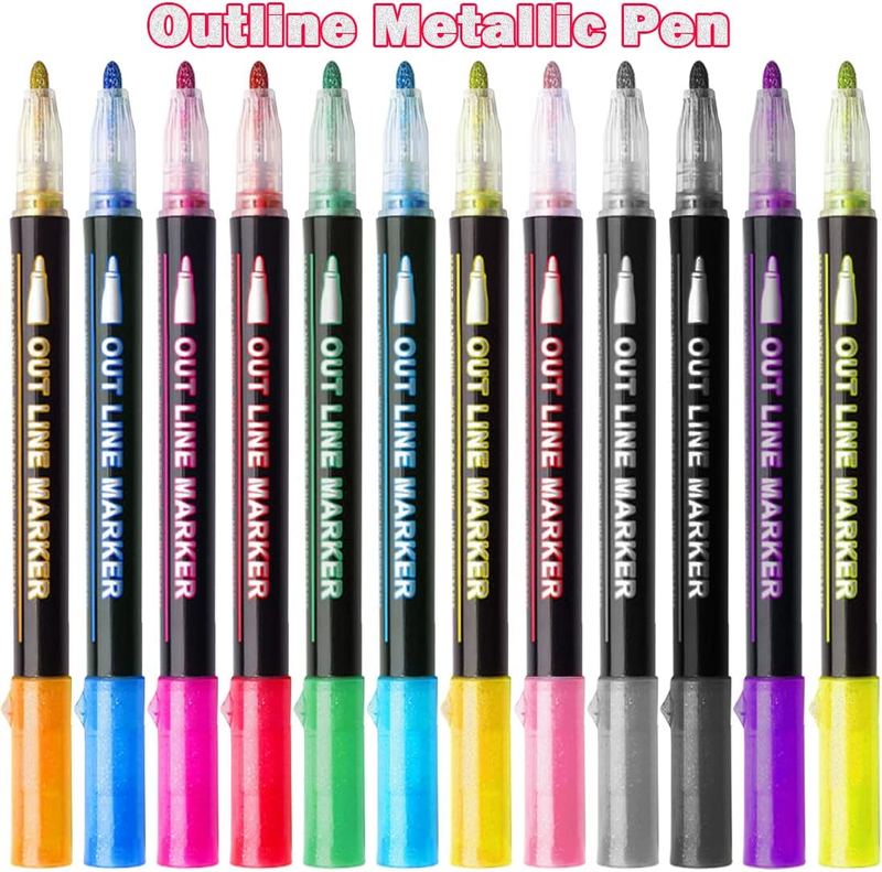 12 Pcs Doodle Dazzles Shimmer Marker Set Double Line Outline Pen Metallic NEW US