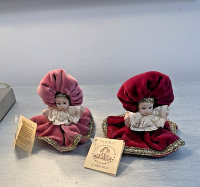 2 Venice Collection Porcelain 4'' Dolls Velvet Hats & Dresses Hand Made-Italy