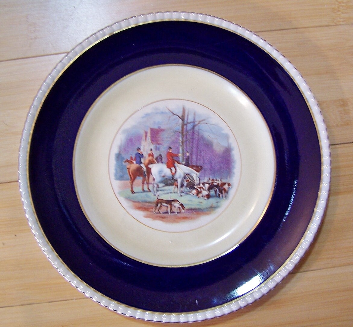 2 Antique GORHAM Black Starr & Frost England FOX HUNT Horse Plates Cobalt Gold k