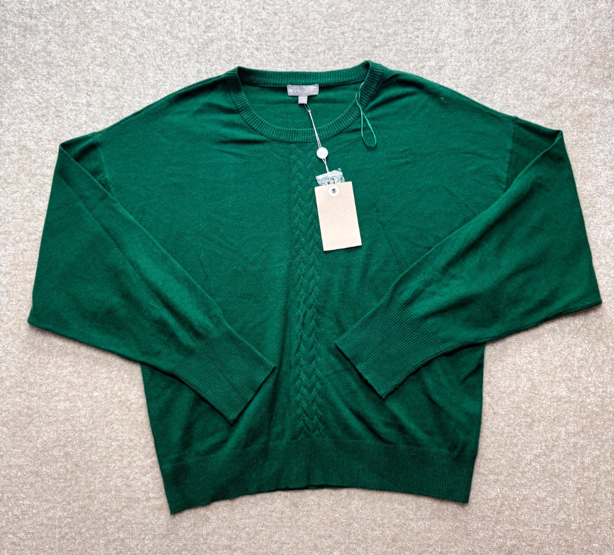 Evolution Sweater Womens Large Green Knit Ribbed Hem & Cuff Crew Neck Classic