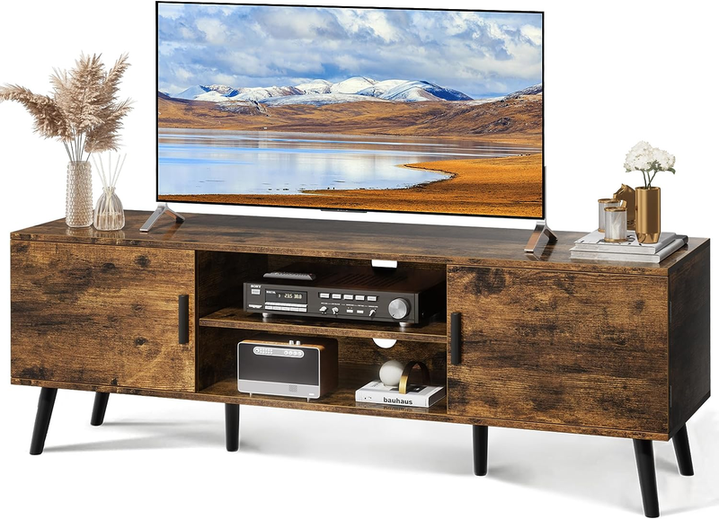 For 55 Inch Tv, Entertainment Center With Adjustable Shelf, 2 Cabinets,