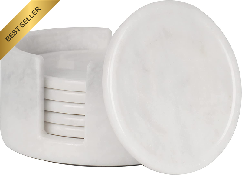 6Pcs White Handmade Marble Coasters Set 3.5" for Coffee Mug Office Use
