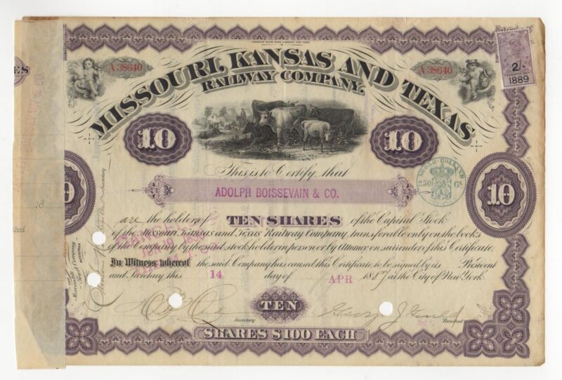 George J. Gould - Missouri, Kansas & Texs Railway Company Stock Certificate