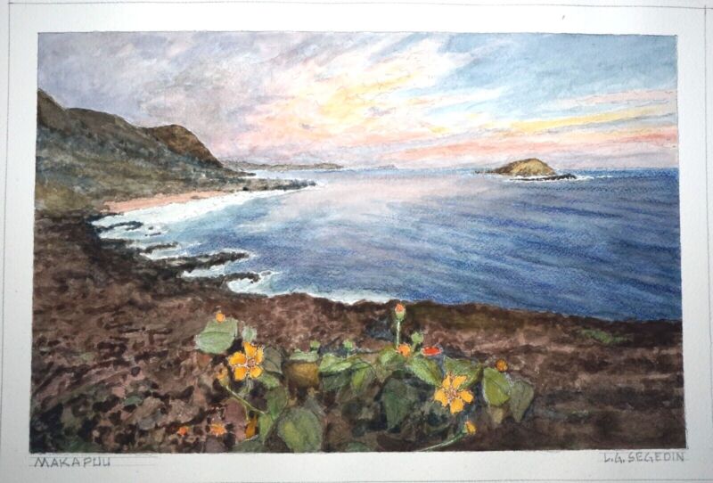 Hawaii Watercolor Painting "makapuu W. Flowers, Oahu" By Larry Segedin #175