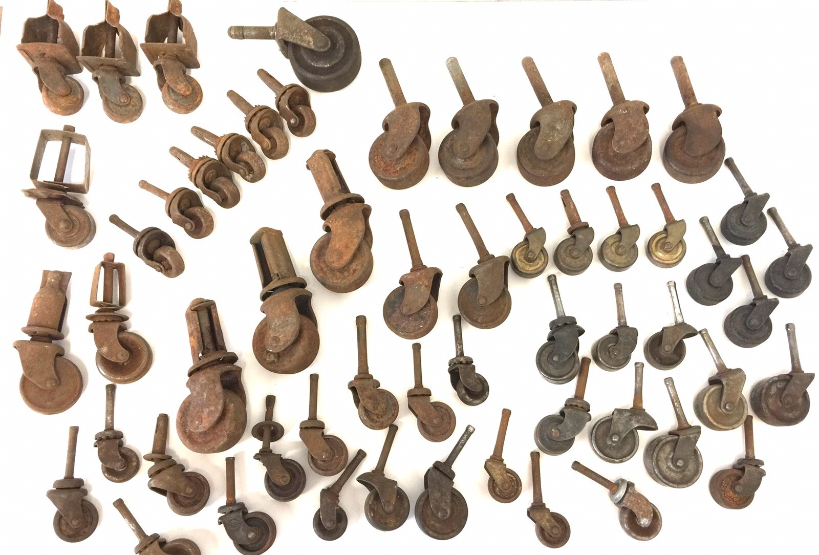 56 pc Lot Of Antique Furniture Casters Vtg Steel Brass Cast Iron Wheels Rolling